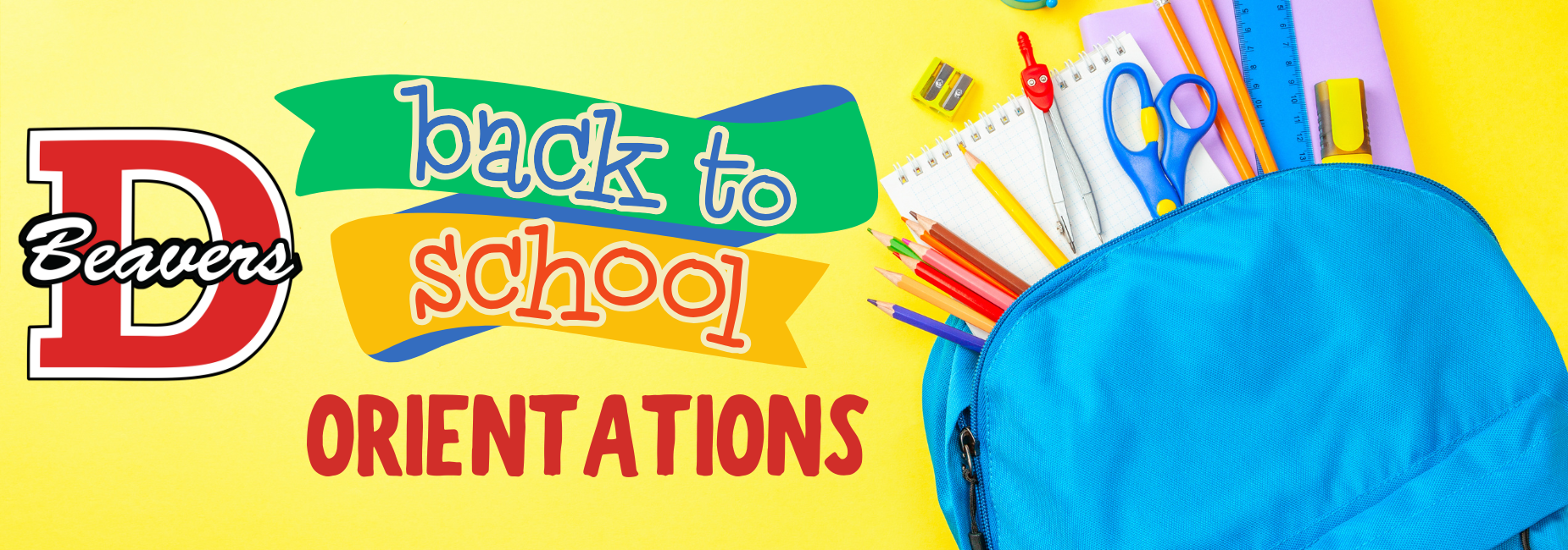 Colorful back-to-school graphic featuring a blue backpack with school supplies.