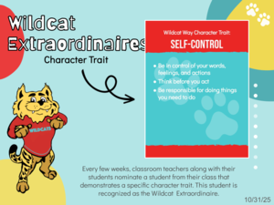 Yellow, white, and red background featuring photo of students who show self control