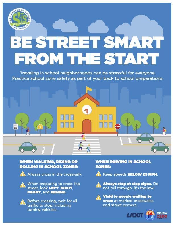 Students variously walking to school on the sidewalk and crossing a crosswalk