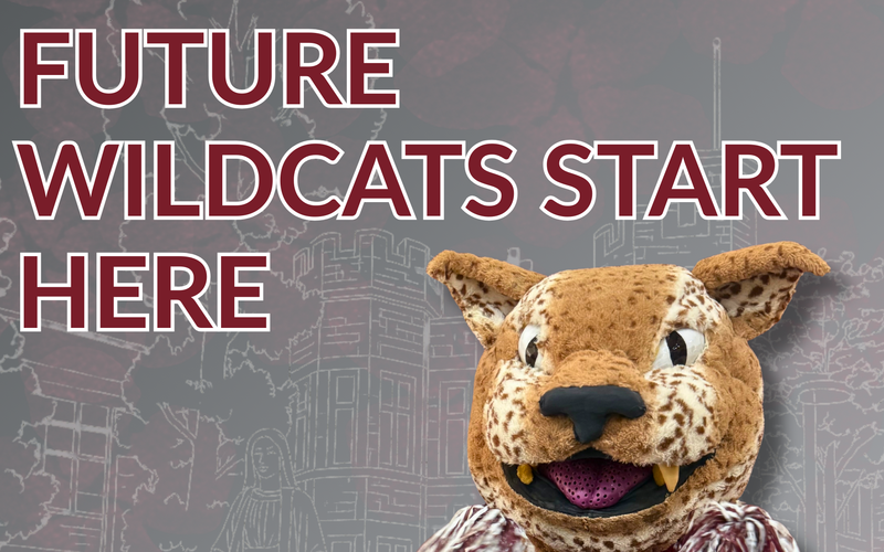 A mascot holding pom-poms with a message about future Wildcats.