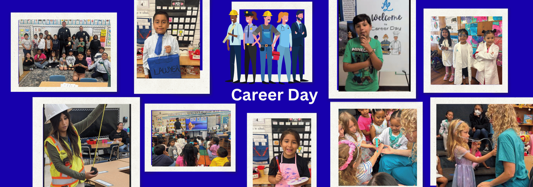 Pictures of students and presenters on Career Day.