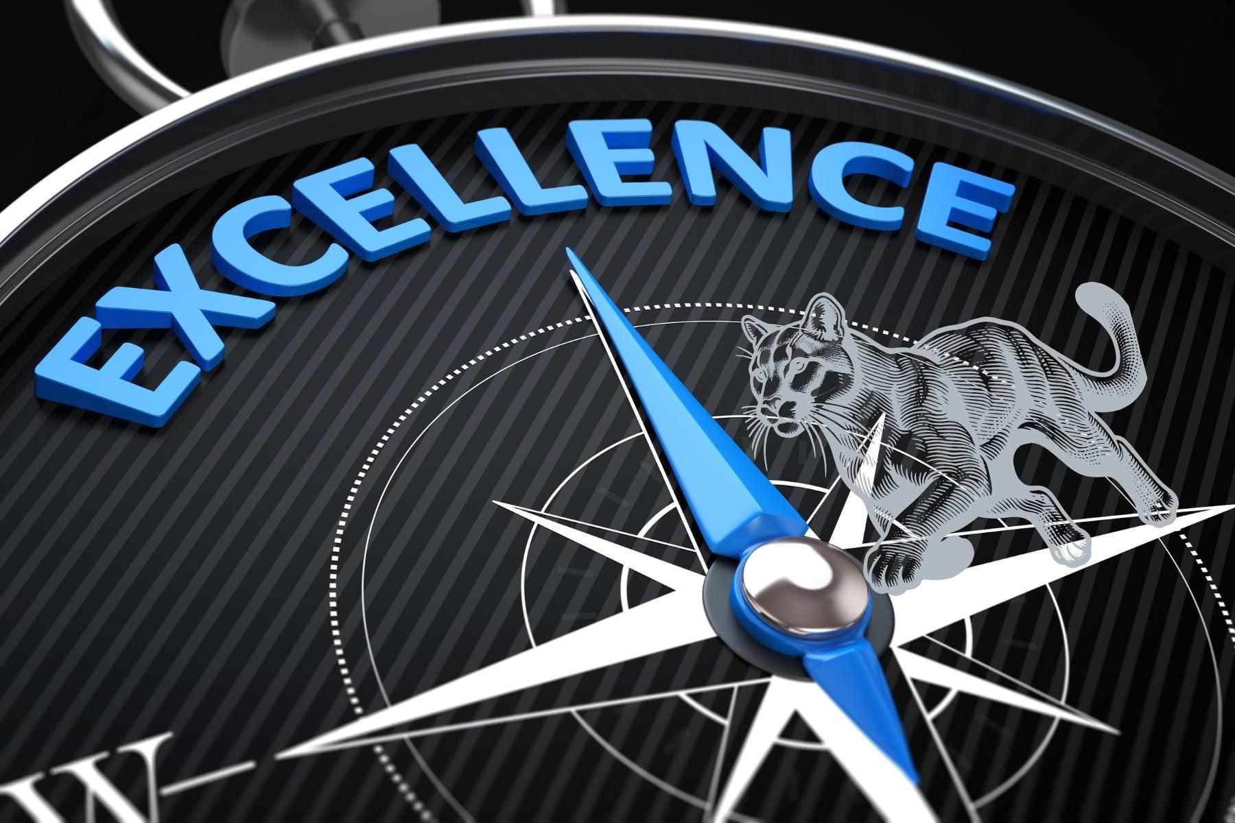 compass that says excellence with graphic of cougar running