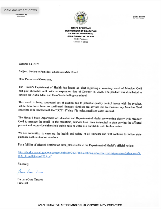 Milk Recall Parent Letter image