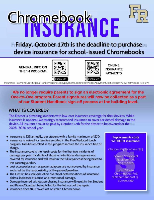 This image provides instructions for how to purchase Chromebook Insurance at the Franklin Regional School District.