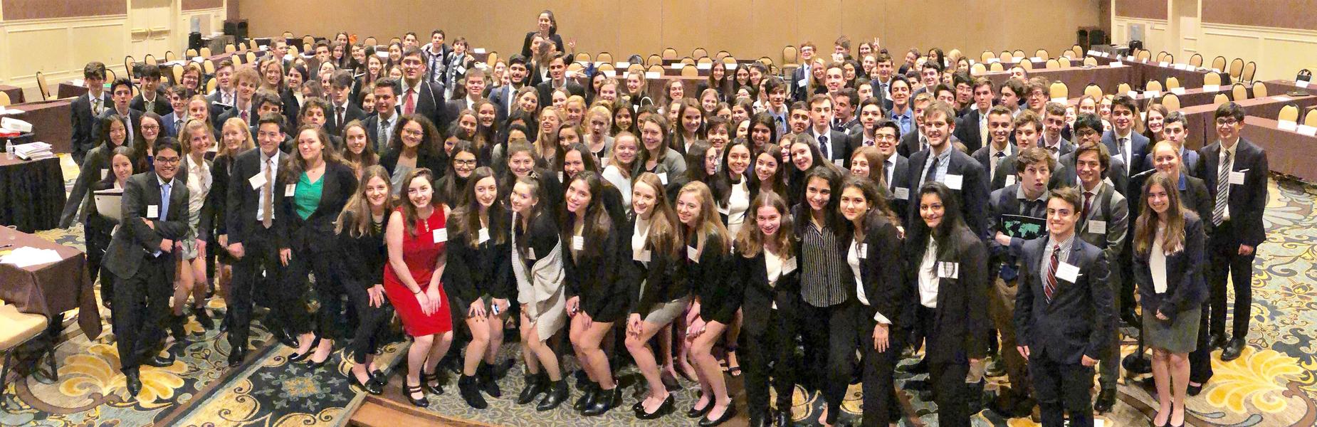 Westfield High School’s Model United Nations Club won the Outstanding Delegation Award for excelling in all parts of the annual conference held in Hershey, PA on January 4-6, 2019. Pictured here are all members of the Model UN Club who attended the conference.