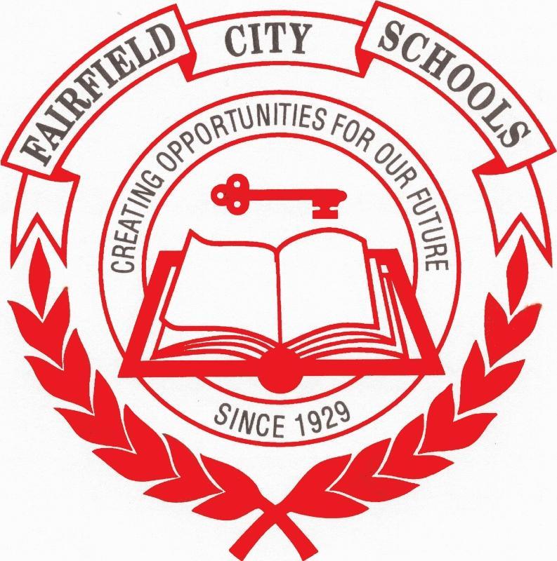 Fairfield City Schools emblem featuring an open book, key, and laurel wreath.