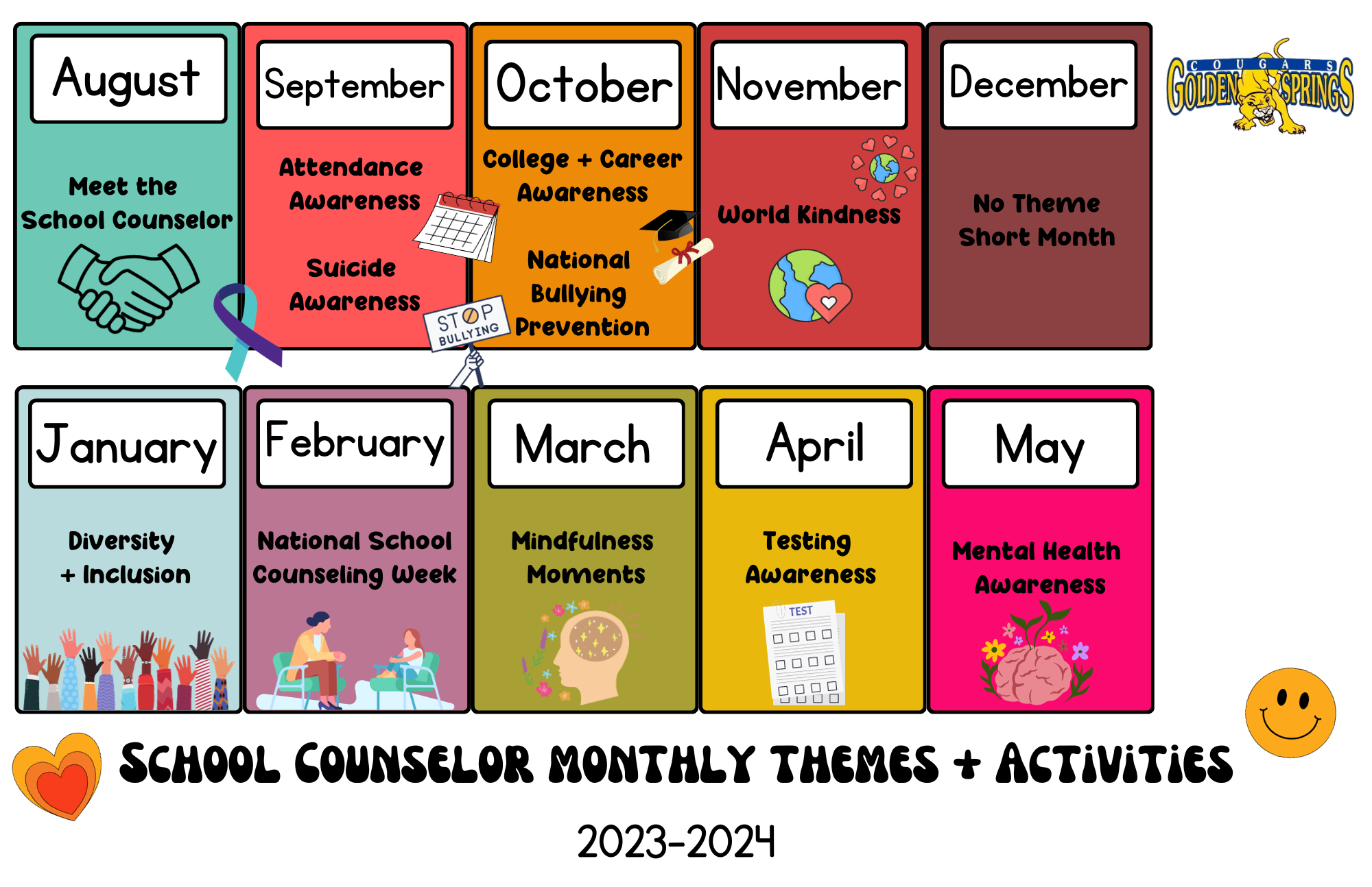 Schoolwide Activities Monthly Themes 23 24 Counselors Golden