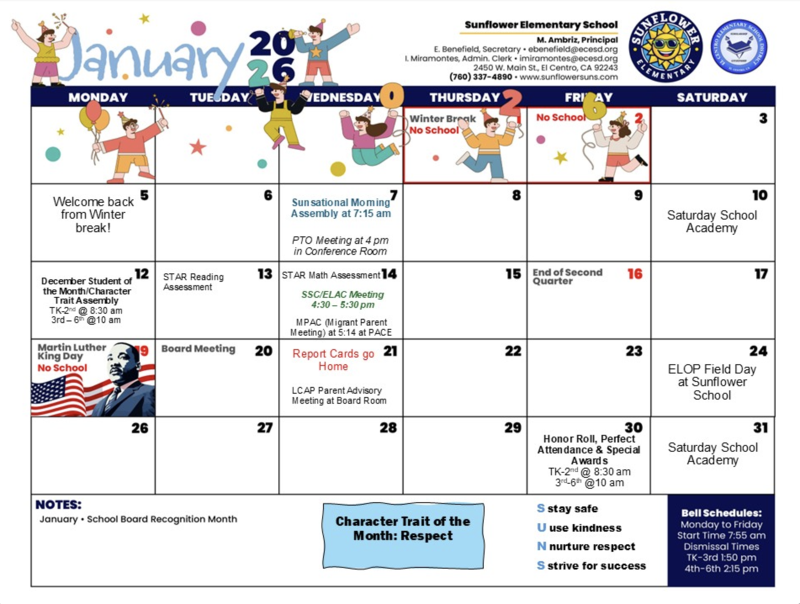 Sunflower JANUARY Calendar
