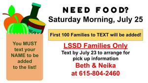 Flyer for food drive with details on texting for assistance and contact information.
