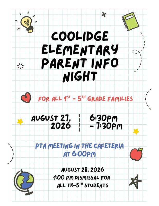 Back to School Night on 8/27/26 from 6:30pm- 7:30pm