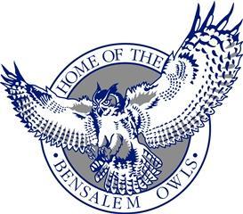 Bensalem High School Owl logo is blue, gray and white with the owl wings open