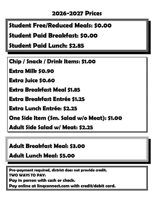 2026-2027 Cafeteria Prices