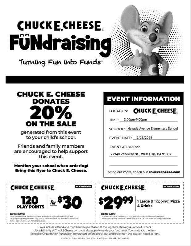 5th Grade Chuck E Cheese Fundraiser is on 9/26/25 at 3:00pm