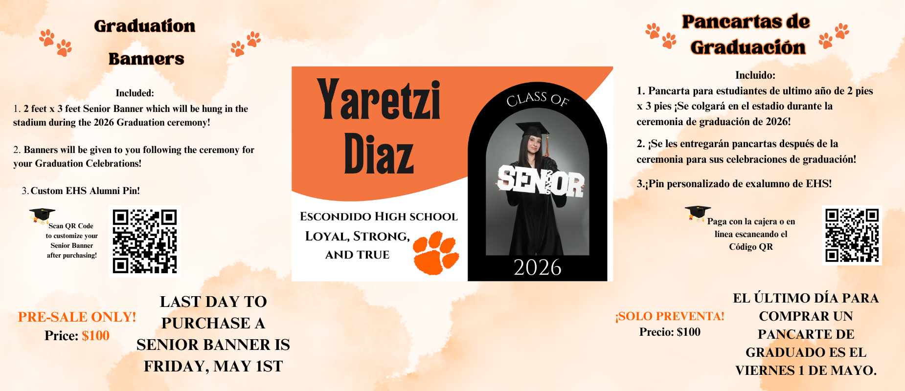 Graduation banner for Yaretzi Diaz, featuring school colors and graduation details.