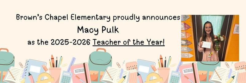 BCE 2025-2026 Teacher of the Year, Mrs. Macy Pulk Featured Photo