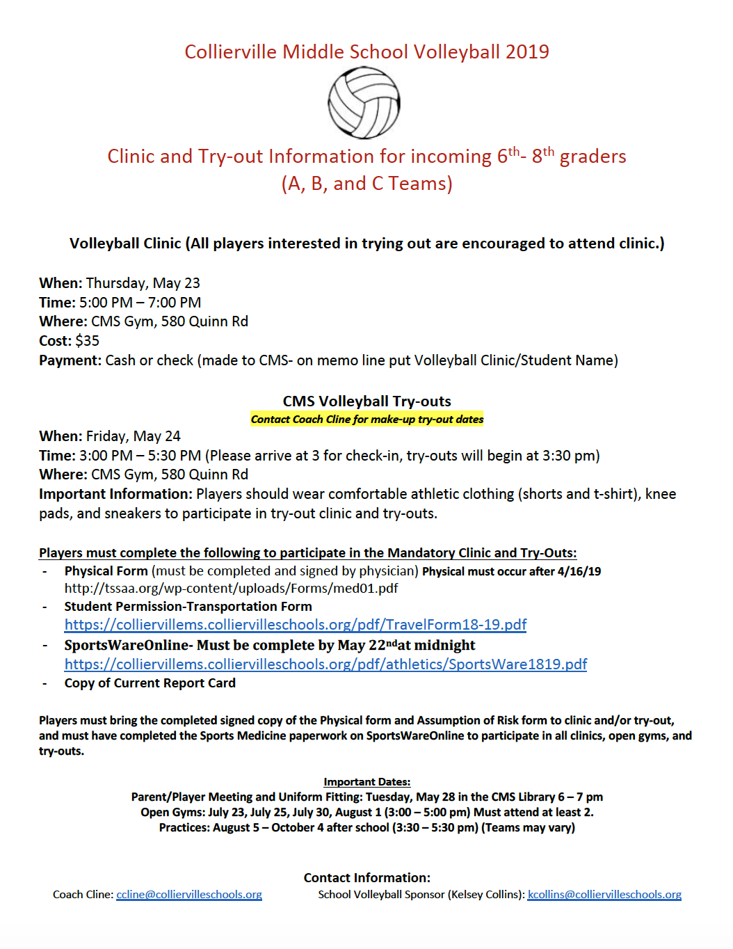 Tryouts – Volleyball – Collierville Middle School