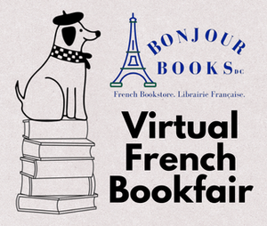Virtual French Bookfair with illustration of French dog sitting on a stack of books