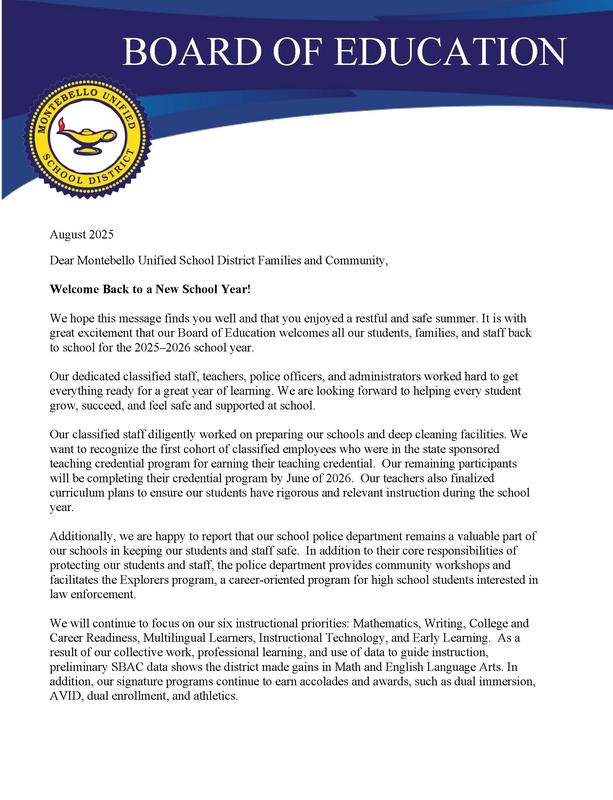 Board of Education Welcome Back to School Communication 2025