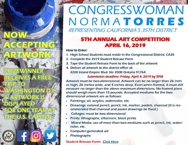 Congresswoman Norma Torres now accepting artwork, Prize winner receives a free trip to Washington D.C. & artwork is displayed for one year at the U.S. Capitol