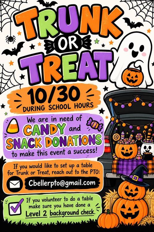 Flyer for Trunk or Treat donations, event, and volunteer opportunities