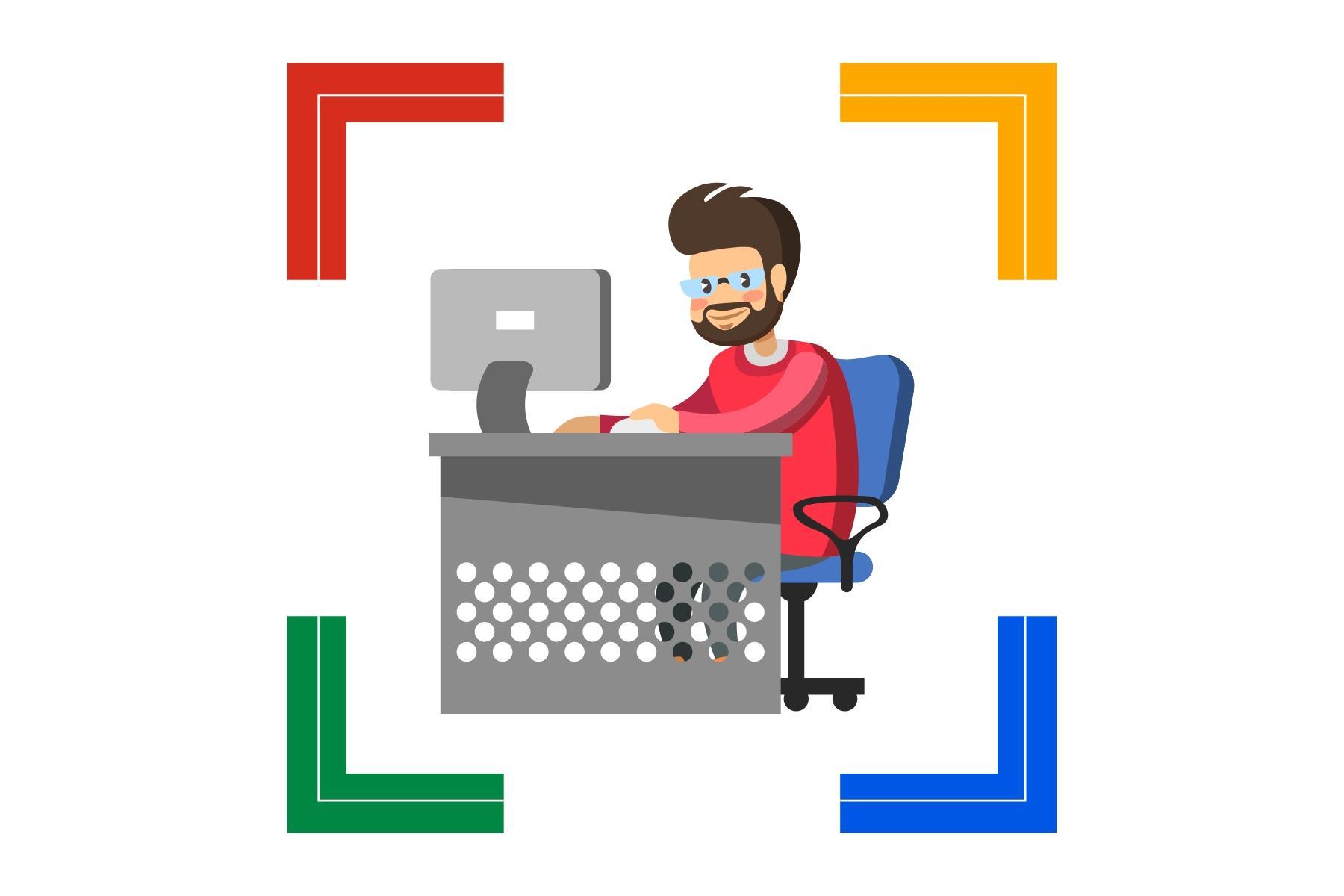 graphic of IT tech sitting at desk working on computer