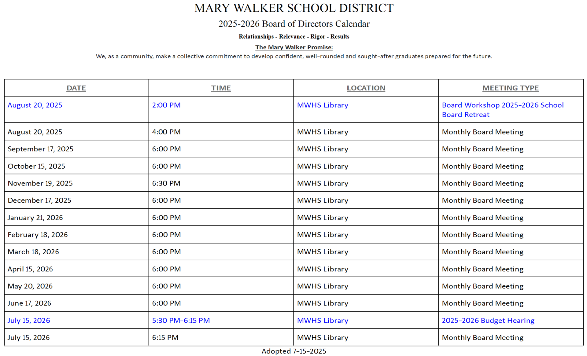 Board Meeting Schedule