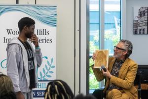 Chabon receives a wood carving