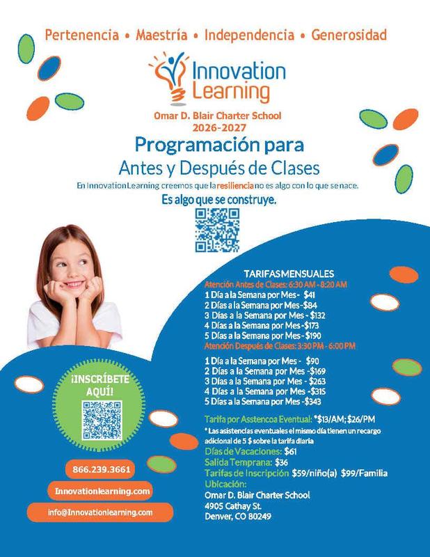 Colorful flyer detailing before and after school programs in Spanish, featuring a smiling girl.