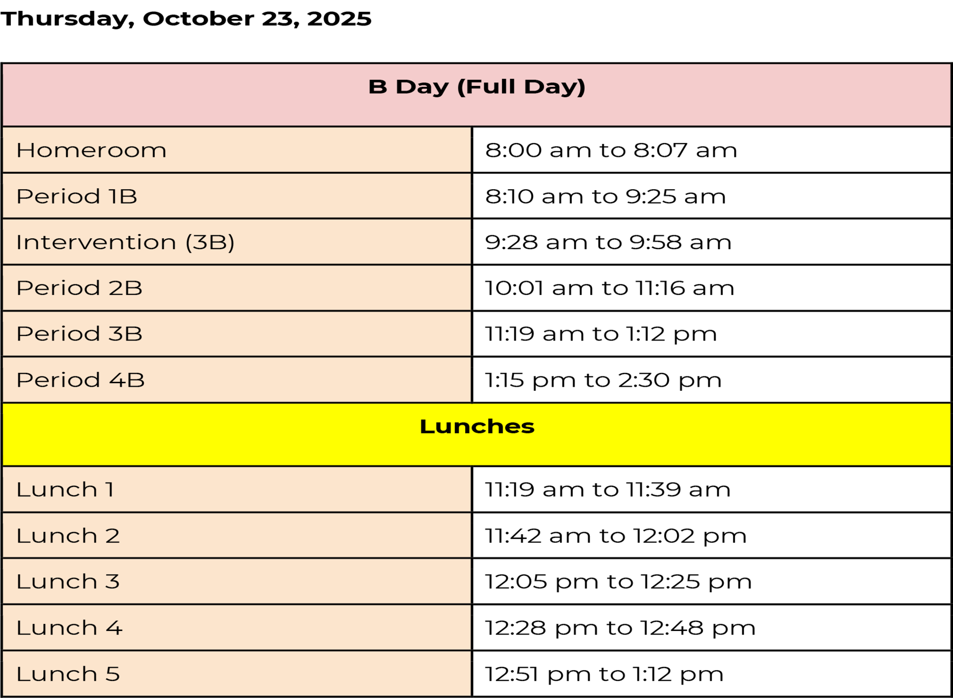B Day schedule displaying homeroom and lunch periods.