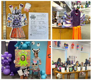 Collage of photos from the Monster Meet event including colorful paper mache pinatas.