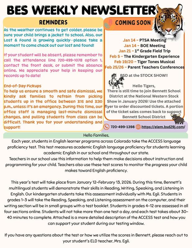 Bennett Elementary Weekly Newsletter 01/12/2026