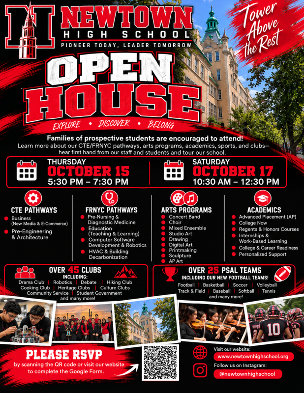Newtown High School Open House flyer featuring event dates (October 15 and October 17), school programs, clubs, athletics, and an RSVP QR code for prospective students and families.