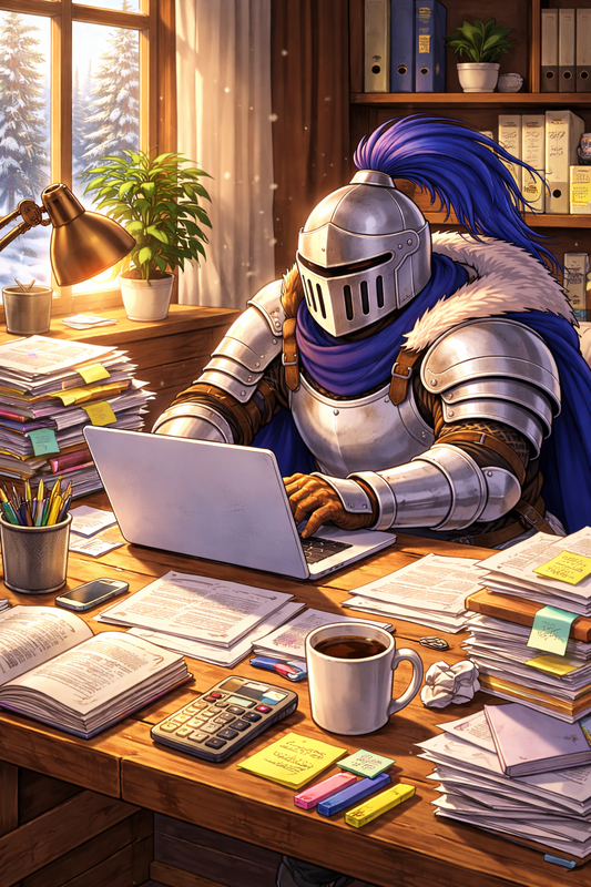 knight working on chromebook with a desk full of supplies