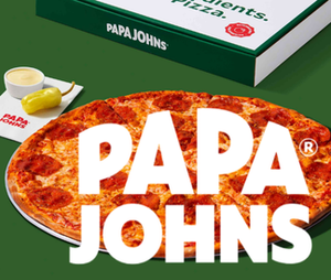 Papa Johns logo in front of pizza sauce and pizza box