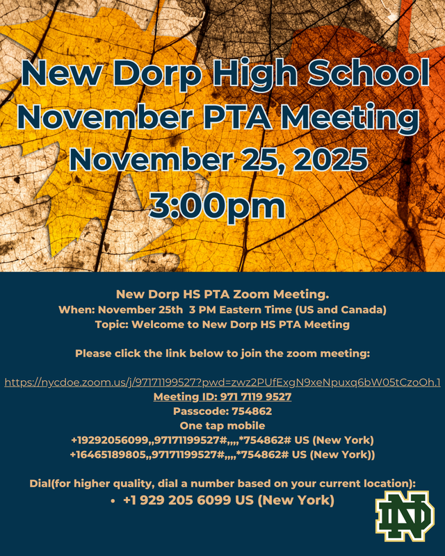 NDHS November PTA Meeting Nov. 25th at 3pm via zoom