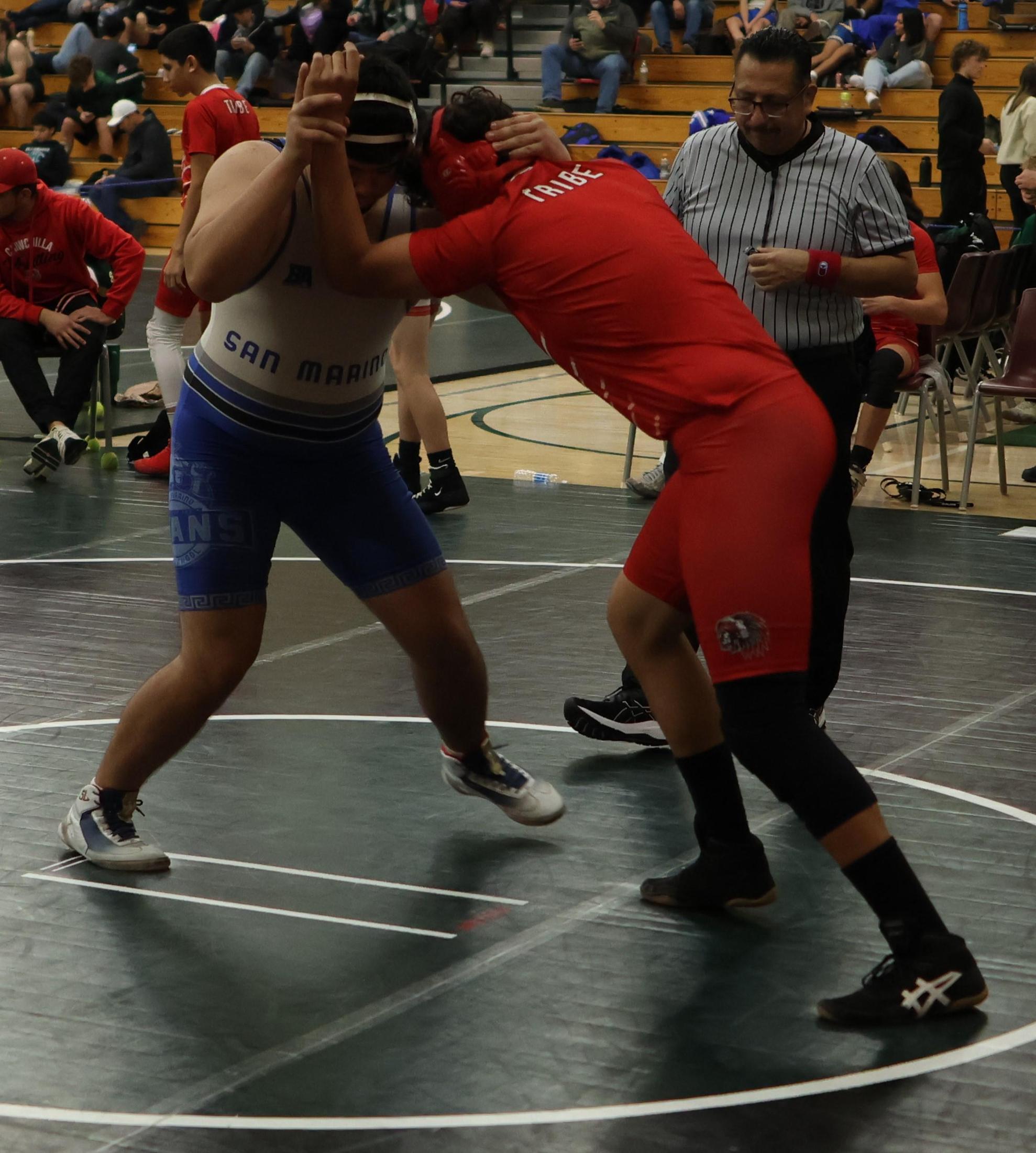 Boys wrestling in the Liberty Duals event 148