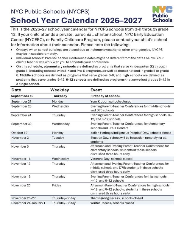 NYCPS Calendar Page 1 (English)