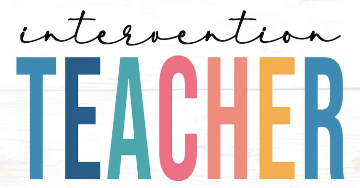 Colorful graphic text reading 'intervention TEACHER' on a white background.