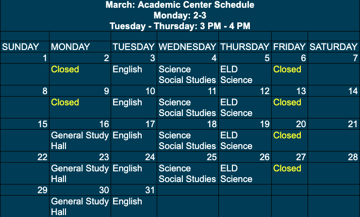 February Academic Center Schedule 