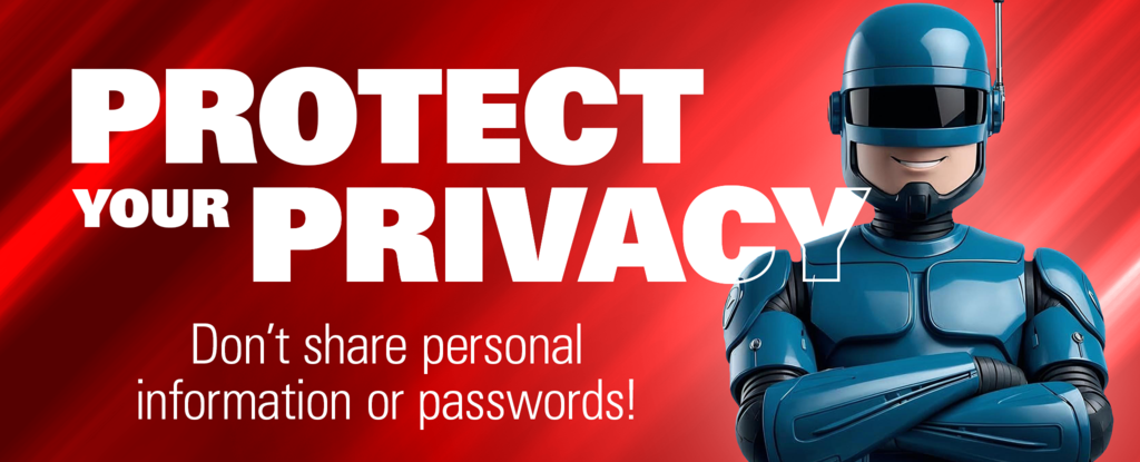 A blue robot promoting privacy and security with the message: 'Protect your Privacy.'
