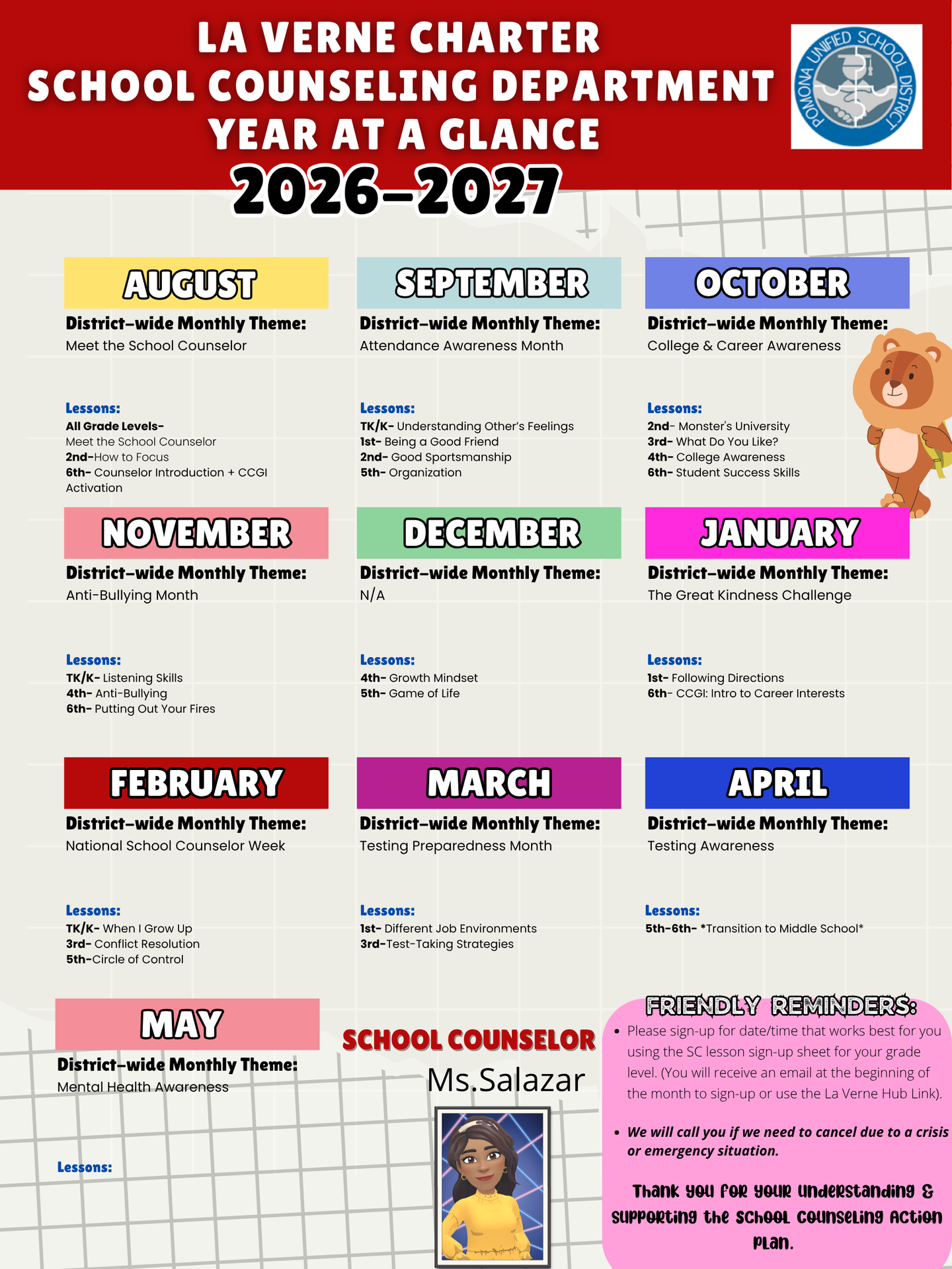 PUSD School Counseling Lessons outline for the whole school year