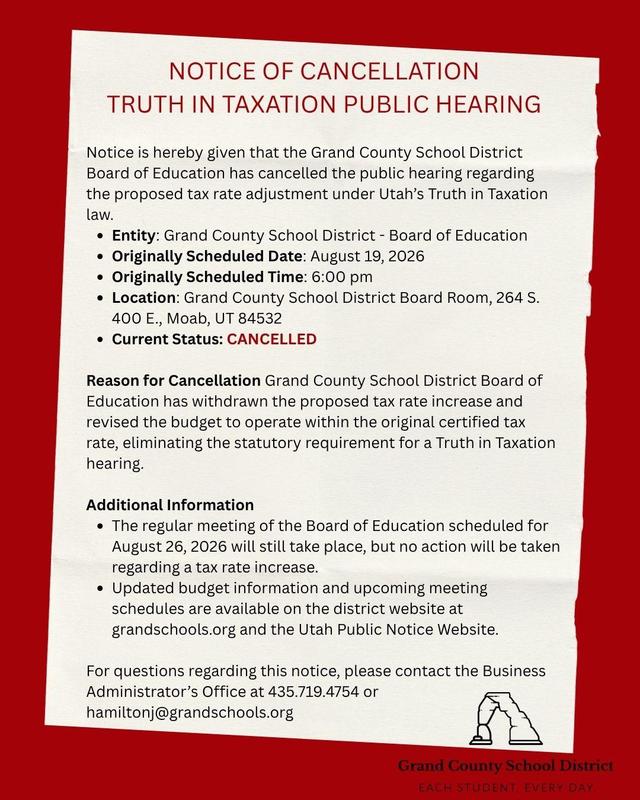 Letter from the Business Administrator's Desk re: Cancellation of Truth in Taxation
