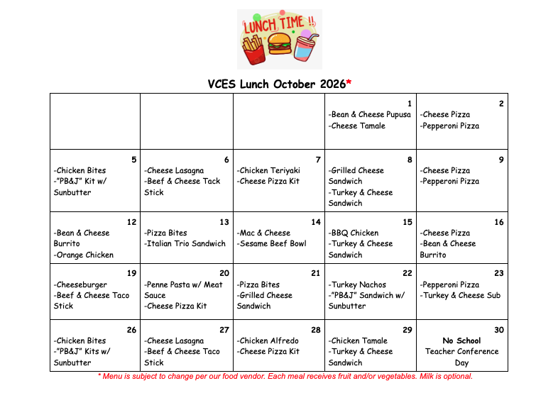 valley charter elementary school monthly lunch menu