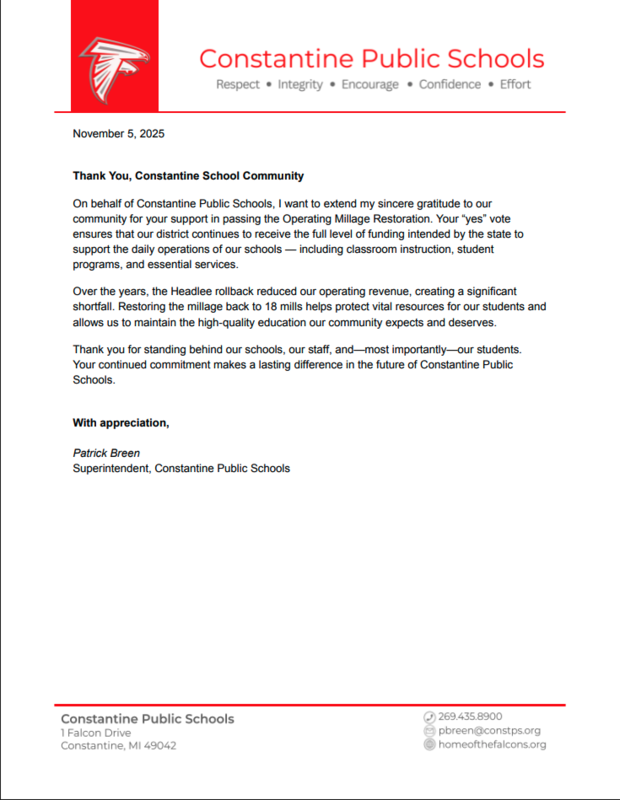 Letter to Constantine Families for Superintendent Breen