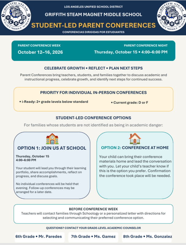Griffith Fall Student Led Conferences October 15 @ 4:00pm-6:00pm