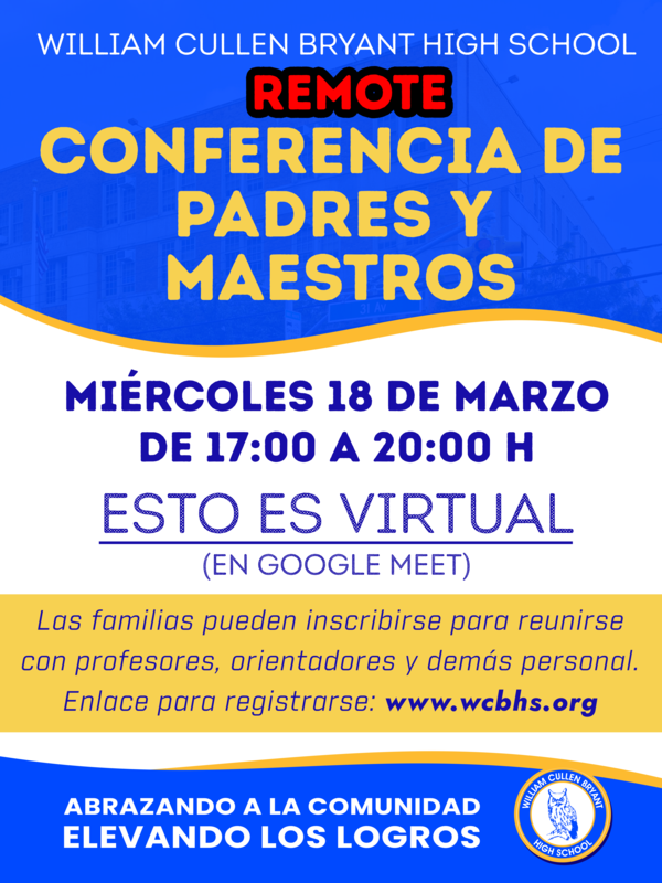 Conferencia de padres y maestros a distancia: 5:00 p. m. – 8:00 p. m.