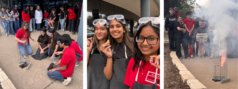 Students kneel by a burner and test tube outside; students show jelly baby candies; students watch a large orange flame behind safety glass