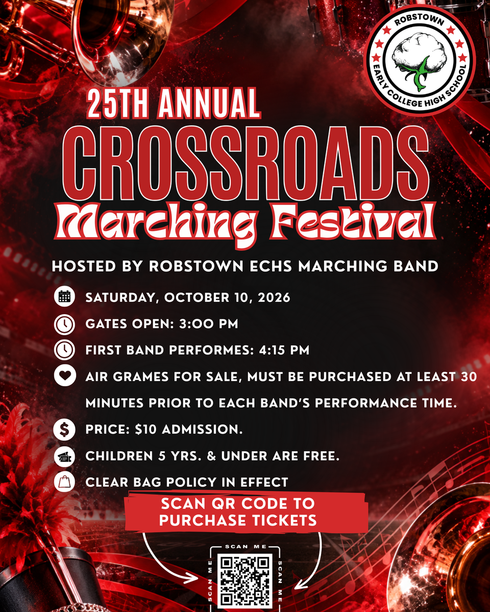 Event flyer for the 25th Annual Crossroads Marching Festival with details.