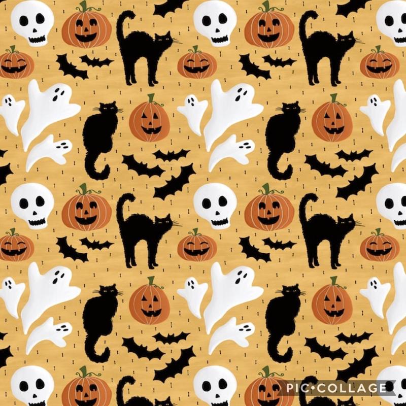 Halloween image of black cats, ghosts, bats, and jack-o-lanterns