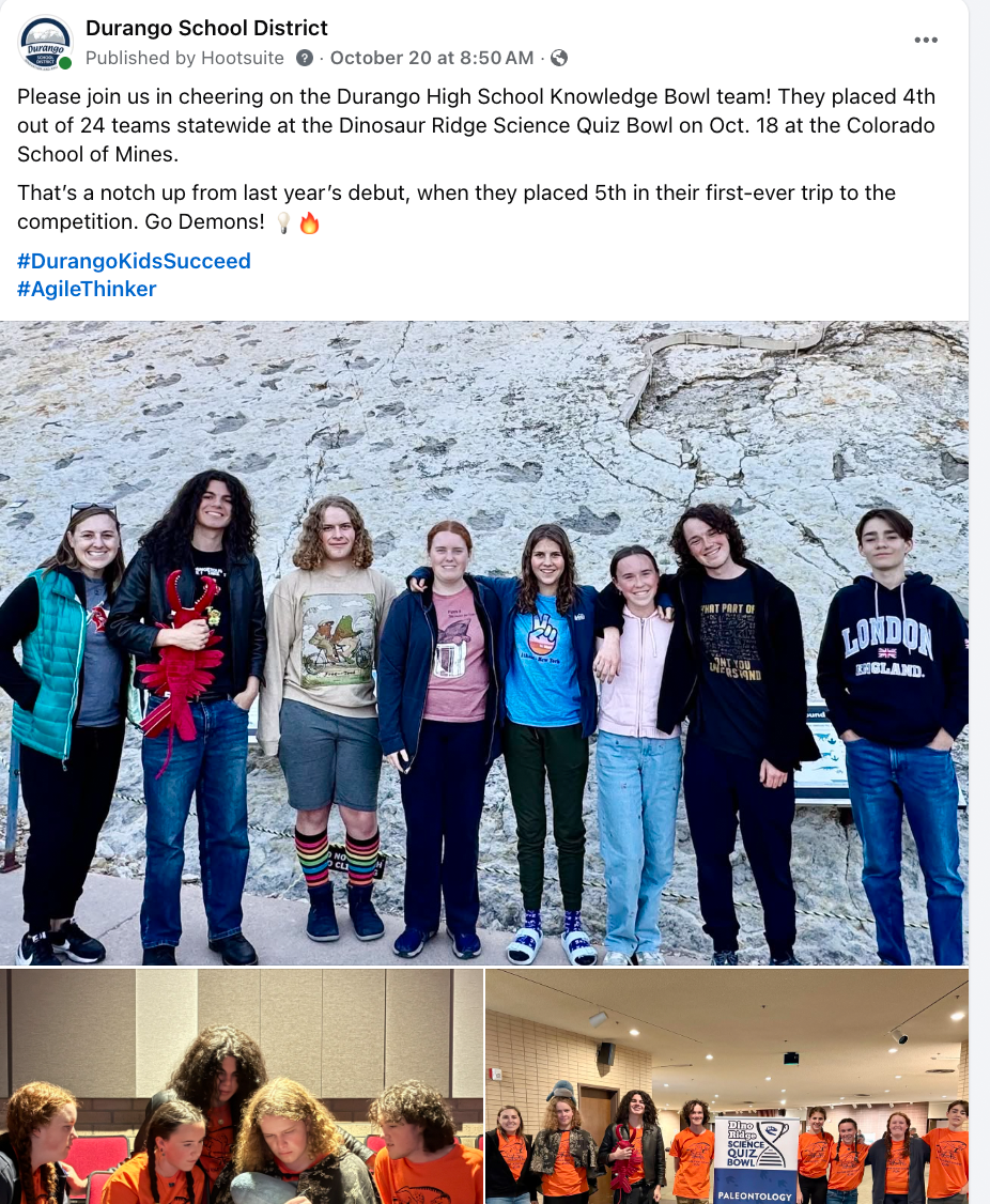 Facebook post screenshot on Knowledge Bowl winners